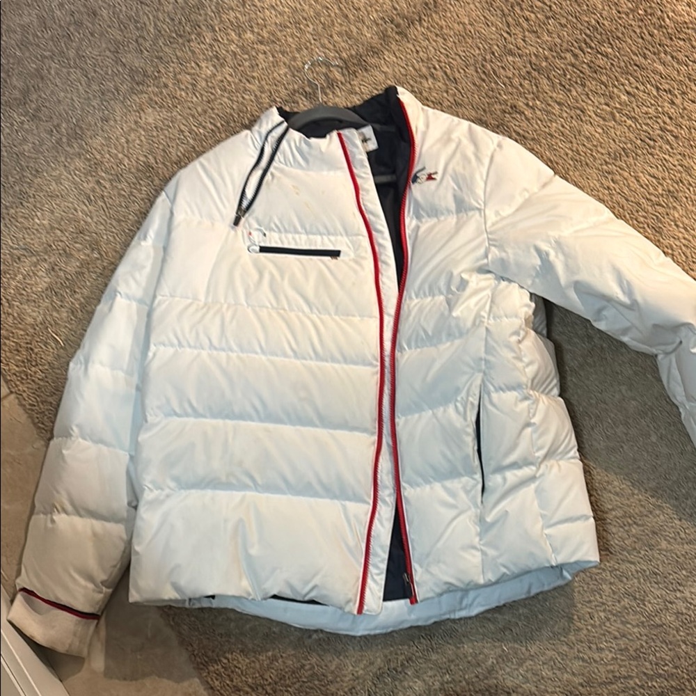 Lacoste White and Red Quilted Puffer Jacket